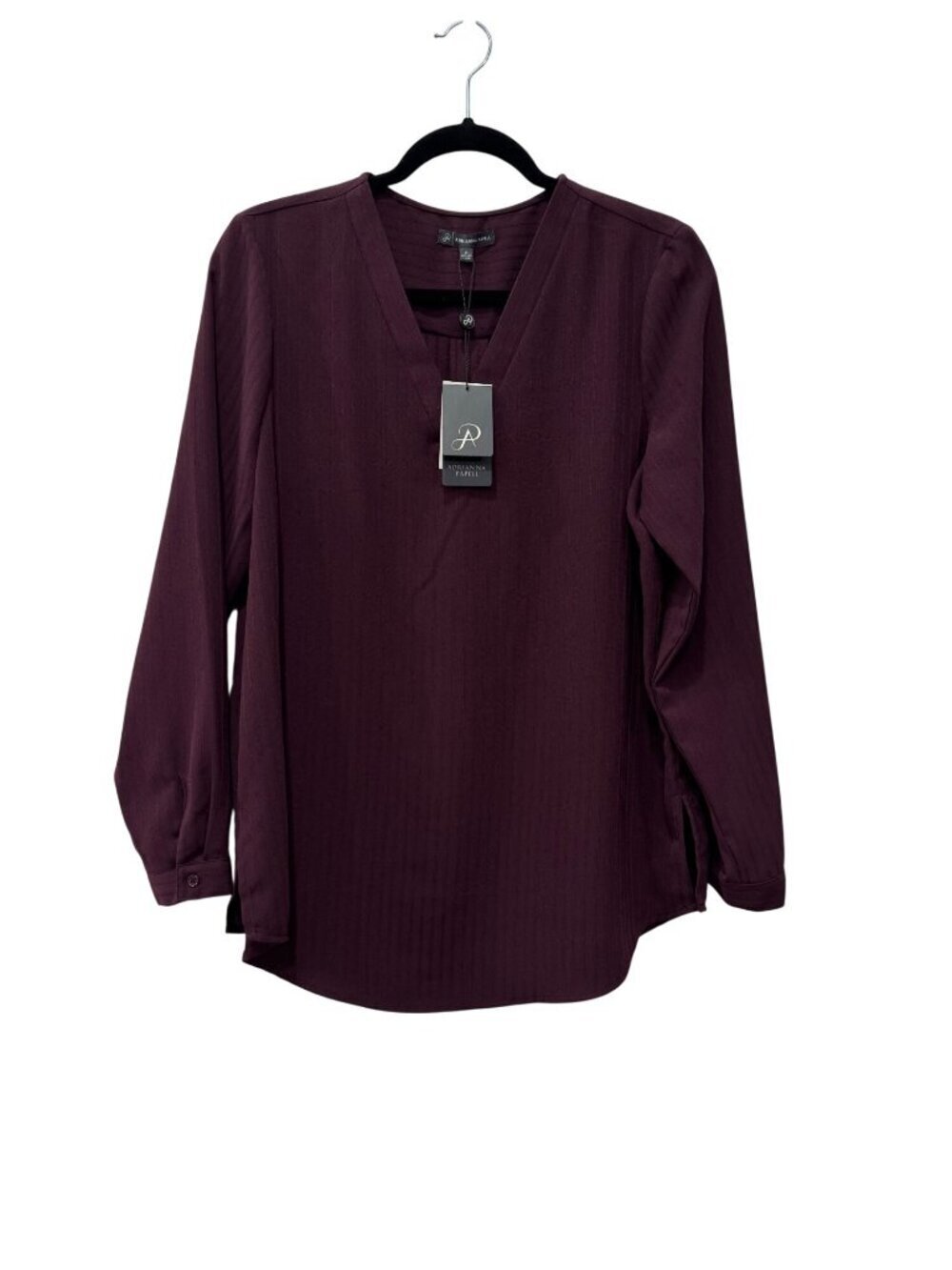New Adrianna Papell Size M Plum Long-Sleeve V-Neck Blouse Medium Elegant